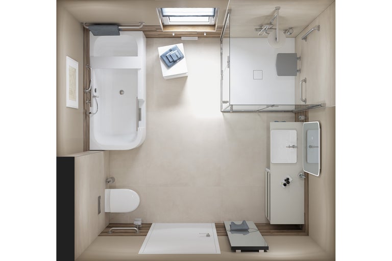 Vue de dessus d'une salle de bains lumineuse avec baignoire, douche, lavabo et toilettes