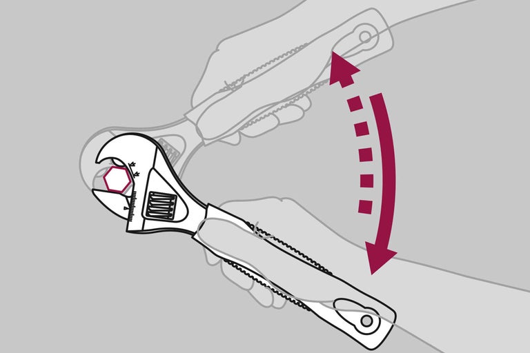 Illustration d'une clé à molette serrant une vis avec un mouvement rotatif