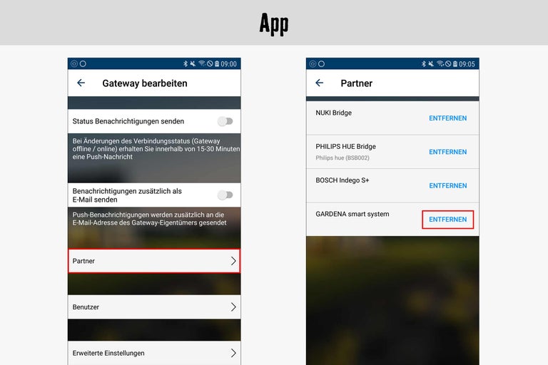 Vue de l'application avec les options d'édition des paramètres de la passerelle et des partenaires