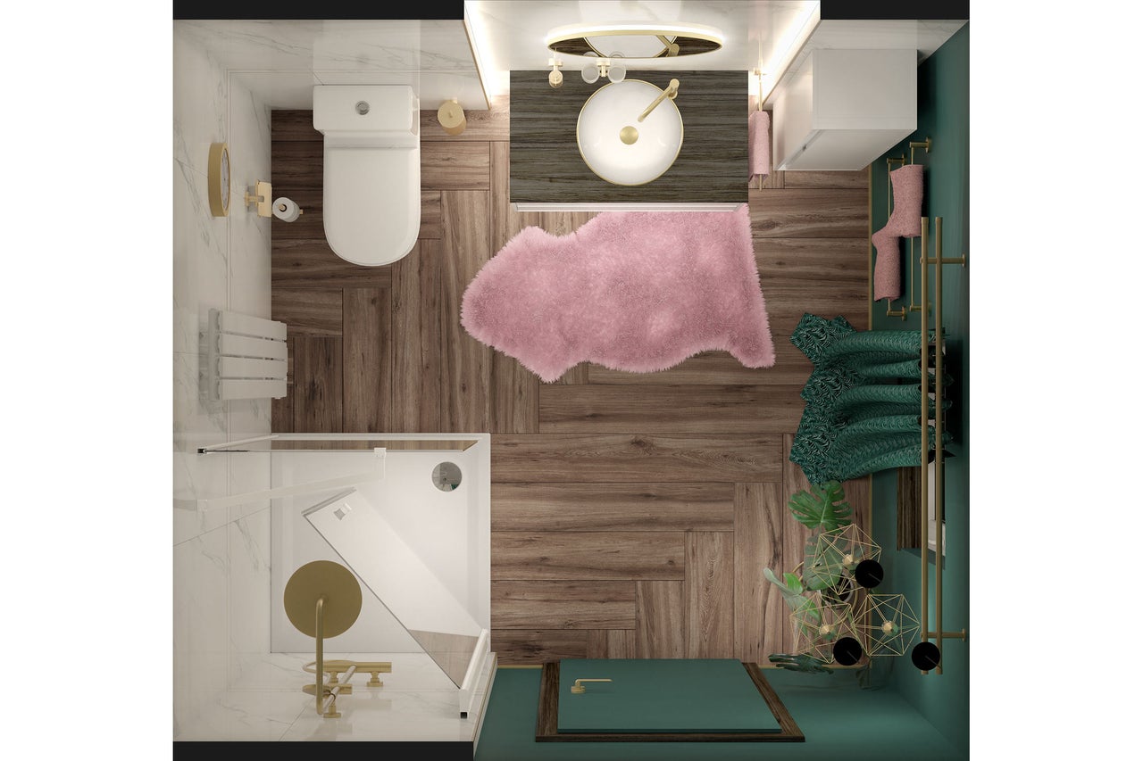 Vue de dessus d une salle de bains moderne avec douche, WC, lavabo, sol imitation bois, tapis rose et accents verts.