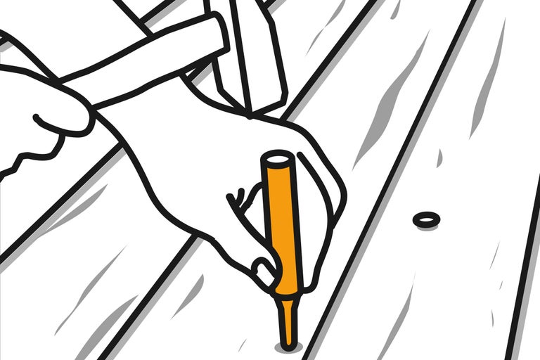 Illustration eines Mannes, der mit einem Hammer einen Dübel in ein Holzbrett schlägt