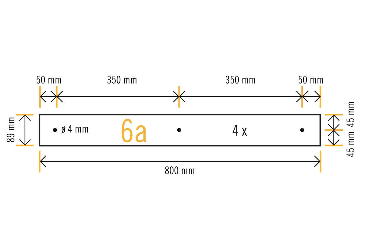 Technische Zeichnung mit Maßangaben für ein Bauteil: 800 Millimeter Länge, 89 Millimeter Höhe, Bohrungen mit 4 Millimeter Durchmesser.