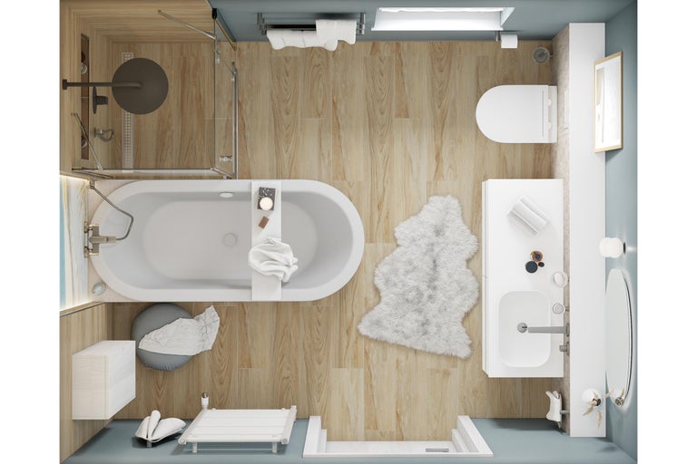 Vue de dessus d'une salle de bain lumineuse avec baignoire, douche, toilettes et lavabo