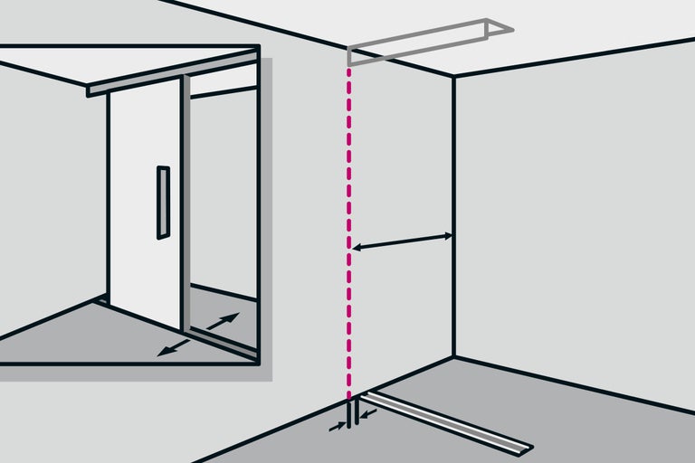 Illustration eines Bades mit Duschrinne und Schiebetür