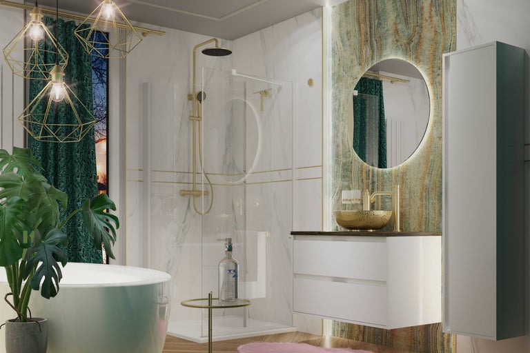 Salle de bain moderne avec baignoire, douche, lavabo et miroir
