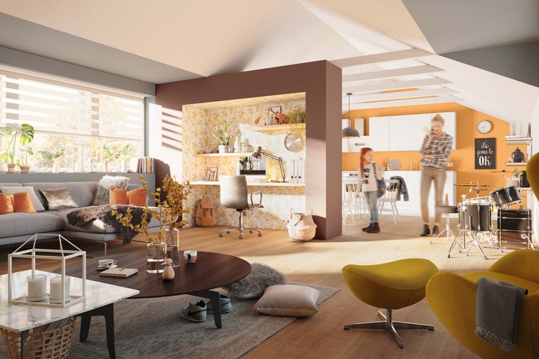 Salon avec canapé, bureau, espace de travail et cuisine dans un design ouvert