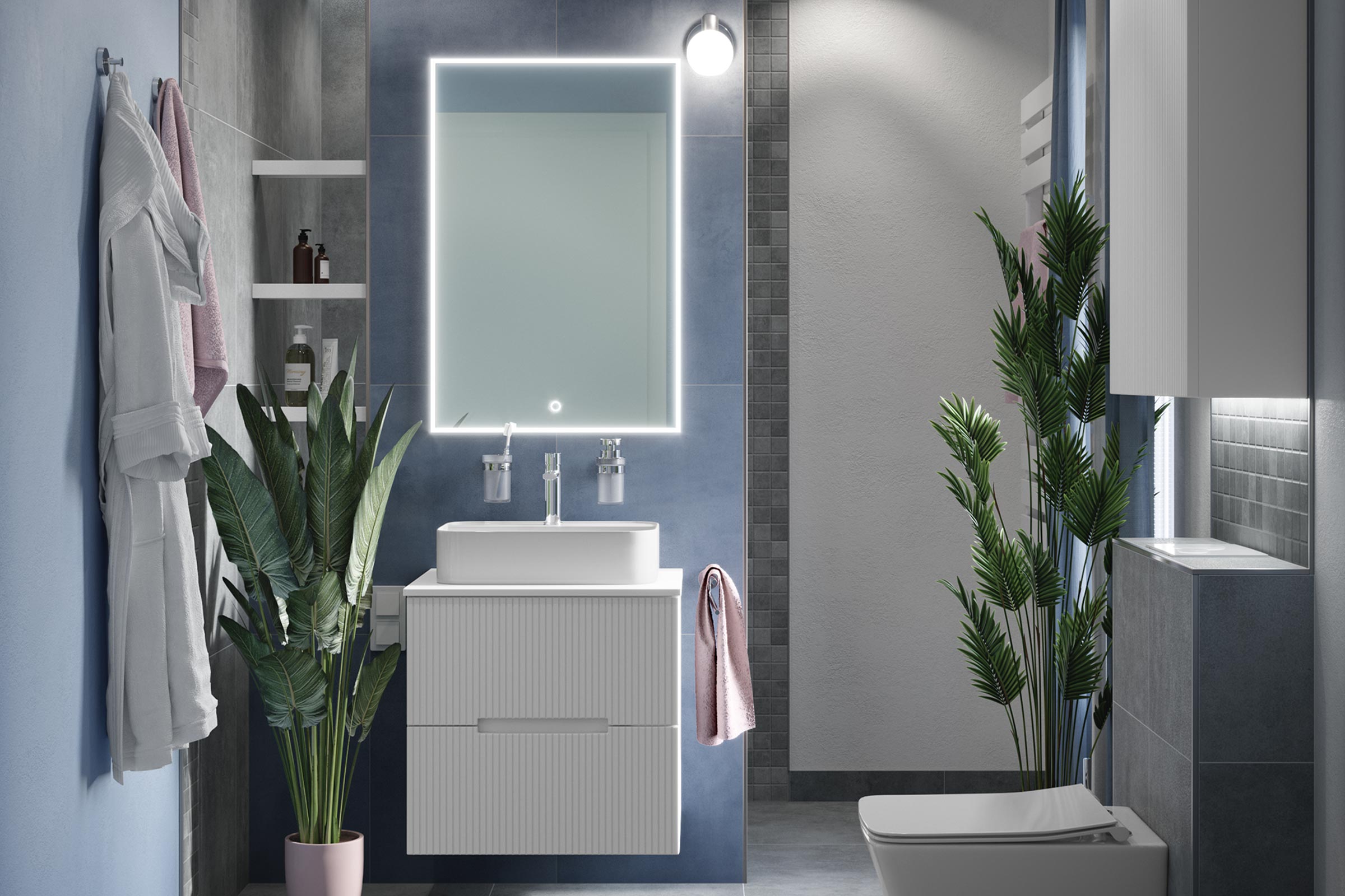 Modernes Badezimmer mit beleuchtetem Spiegel, Waschbeckenunterschrank und Toilette.