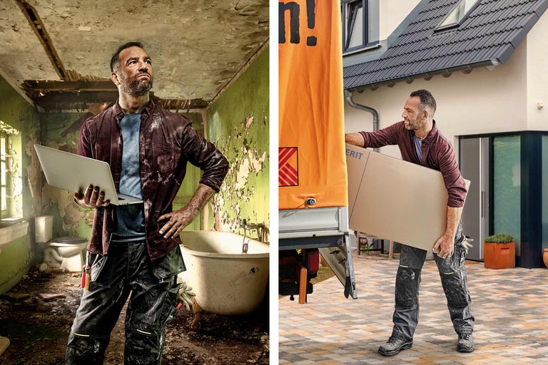 Deux scènes : un homme avec un ordinateur portable dans une pièce à rénover ; un homme portant un carton devant un camion de déménagement