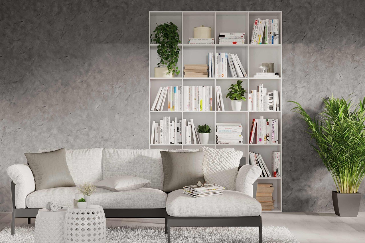 Salon avec bibliothèque blanche, canapé et plantes d'intérieur