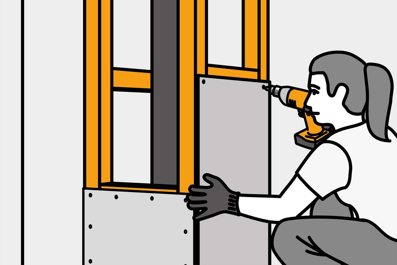 Illustration einer Person, die eine Platte an einer Holzkonstruktion mit einem Akkuschrauber befestigt.