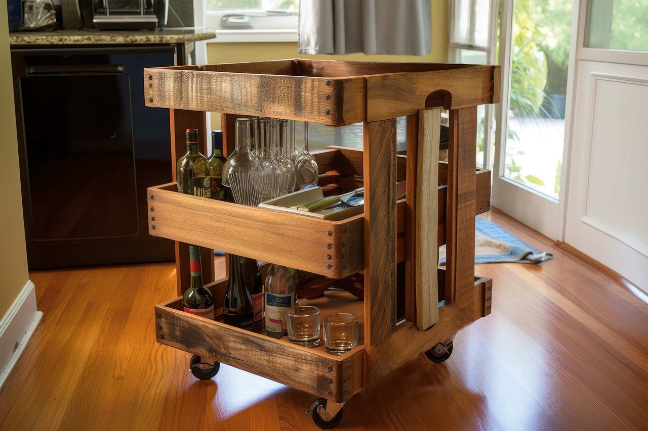 Chariot de service en bois avec bouteilles, verres et vaisselle