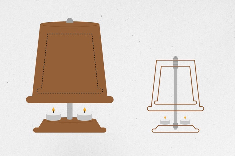 Darstellung einer Do-it-yourself Heizung mit Blumentopf und Teelichtern.