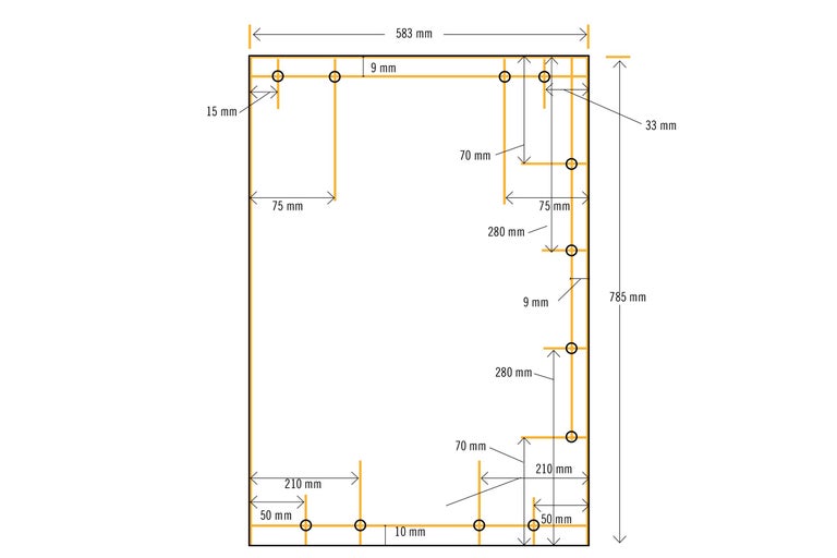 Technische Zeichnung mit Maßangaben für ein Möbelstück: 583 mm breit und 785 mm hoch.