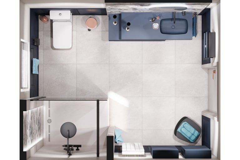 Vue plongeante d'une salle de bains avec toilettes, lavabo, douche et meubles