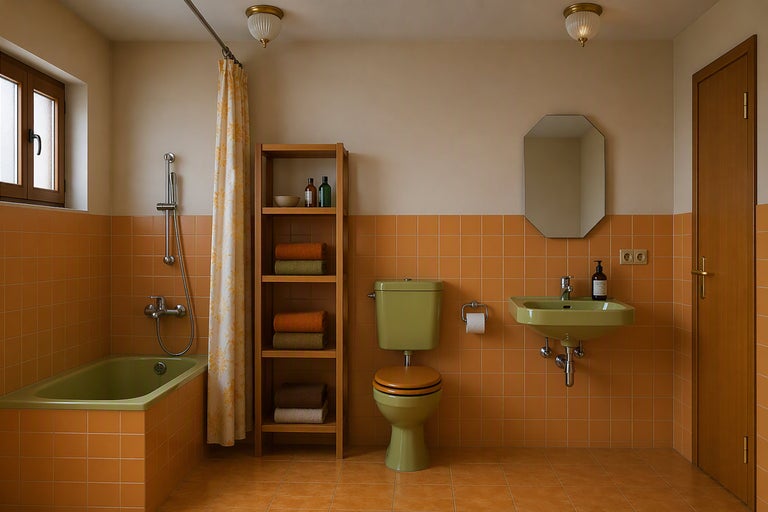 Salle de bains de style rétro avec baignoire, toilettes et lavabo verts, carrelage orange, étagère en bois et miroir octogonal.