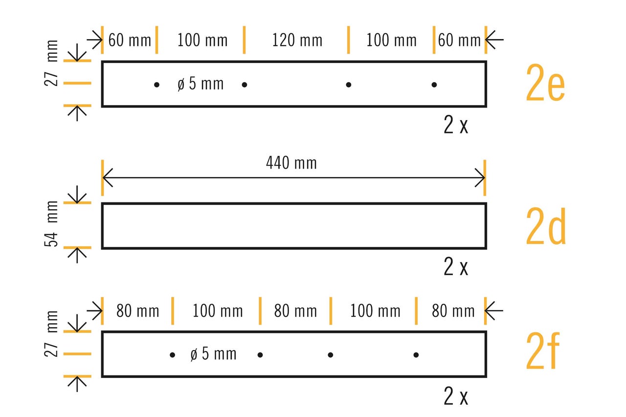 Schéma technique de composants en bois avec indications de dimension