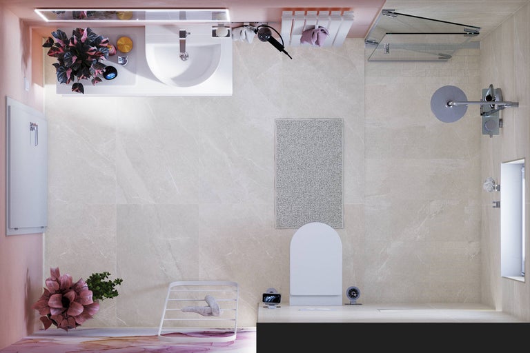 Vue de dessus d'une salle de bains avec lavabo, toilettes et douche