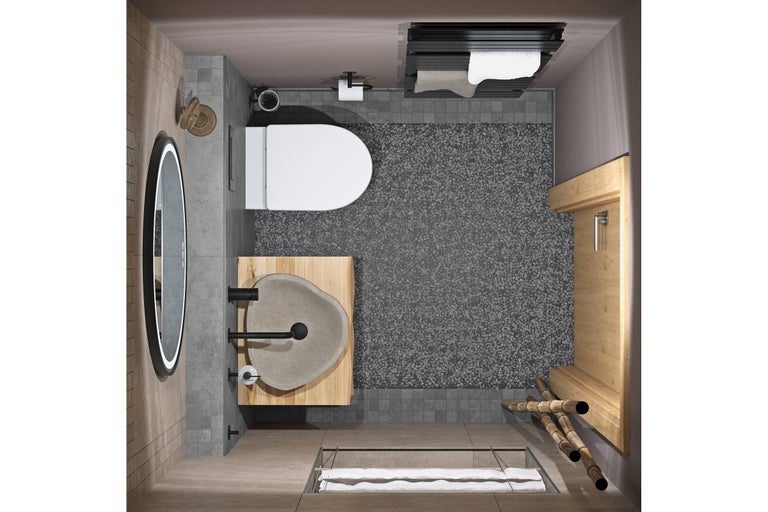 Salle de bains moderne vue de dessus avec meuble vasque en bois, lavabo en pierre, WC suspendu, douche à l'italienne et miroir éclairé.