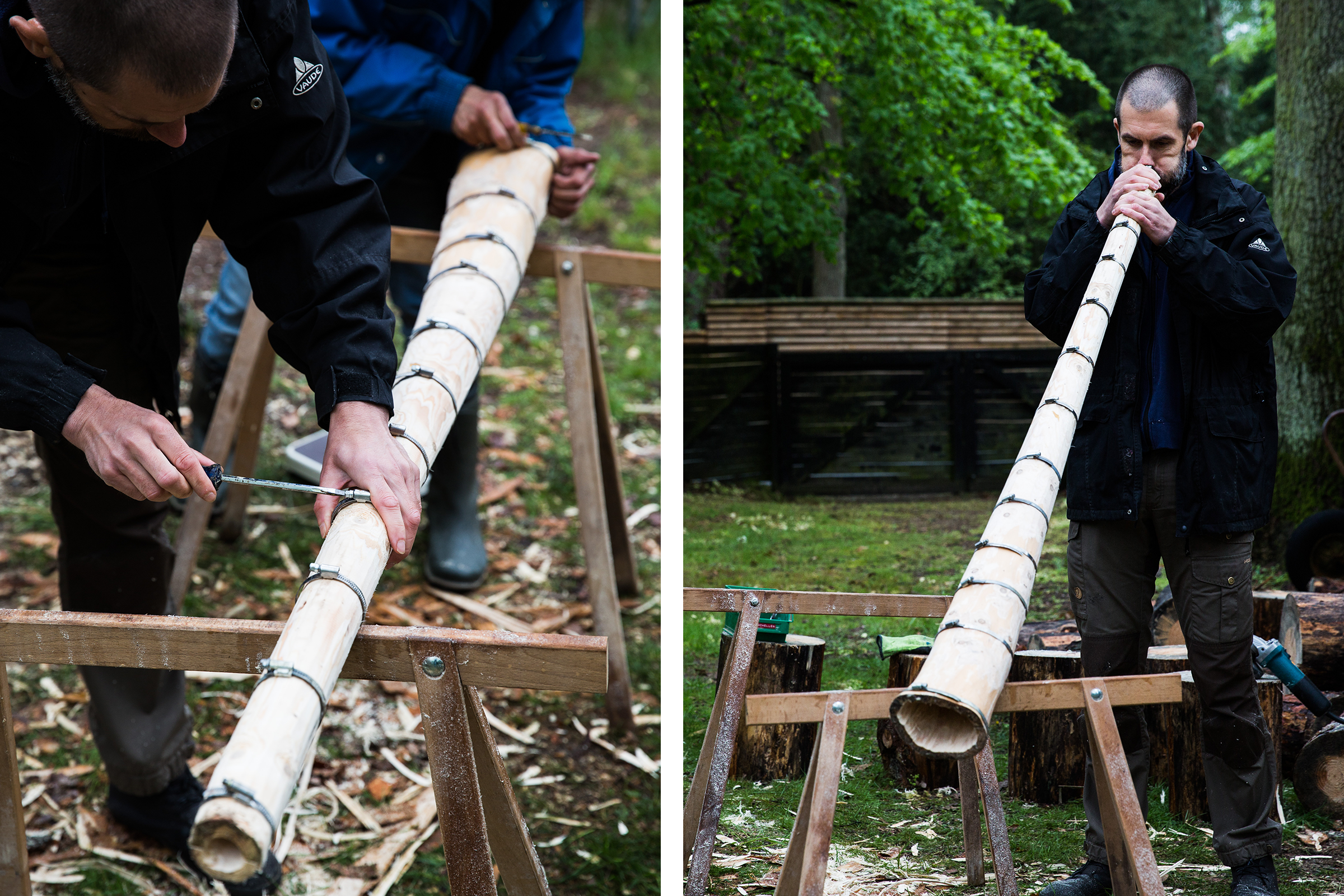 Deux personnes fabriquent un didgeridoo, l'une le travaillant avec un tournevis et l'autre en jouant.