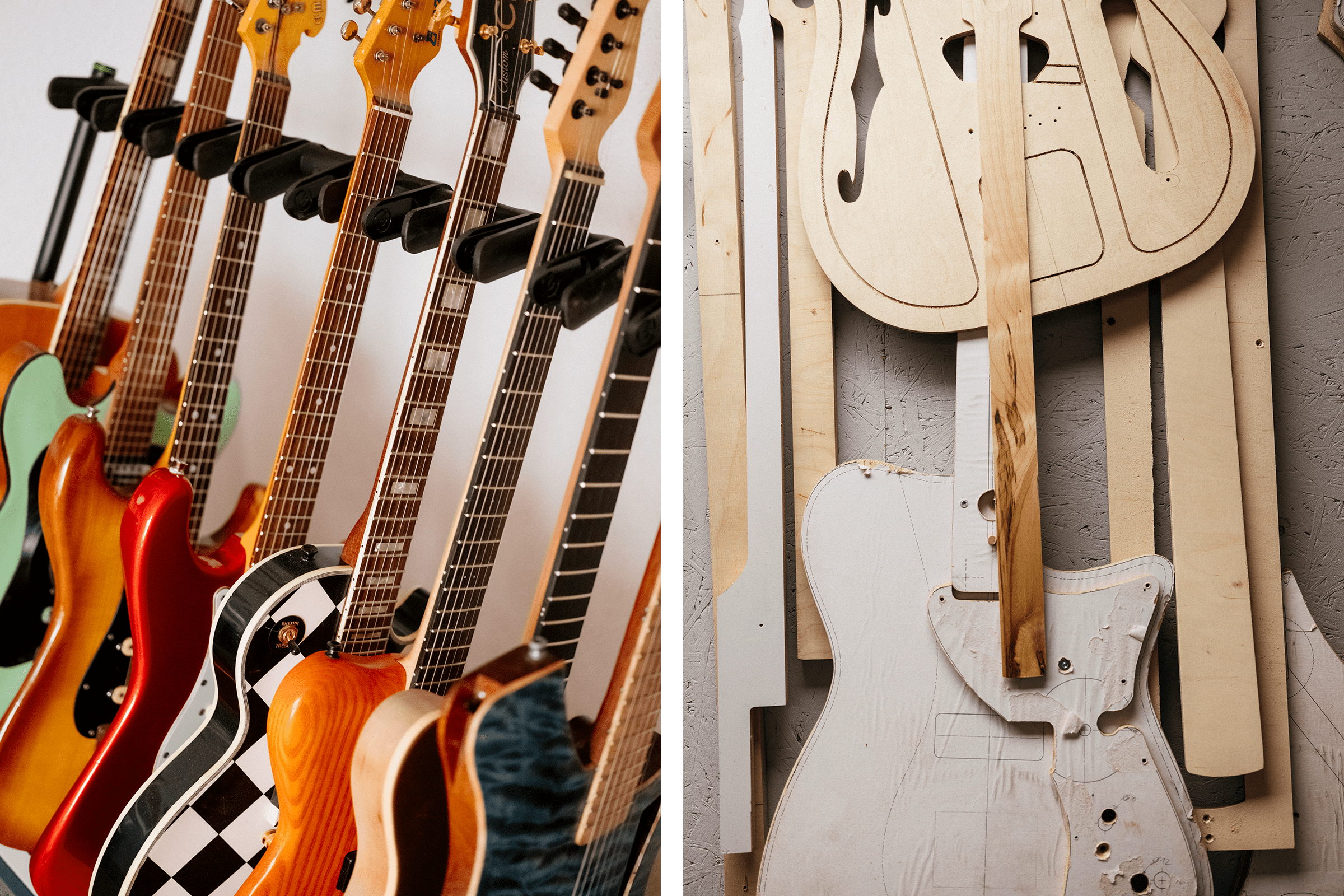 Eine Sammlung von Gitarren und Gitarrenvorlagen in einem Musikstudio.