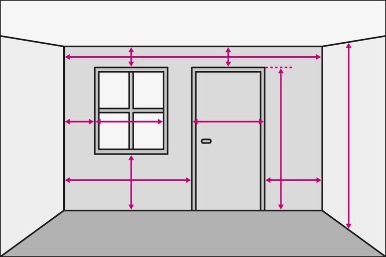 Représentation d'une pièce avec des indications de mesure pour les fenêtres et les portes