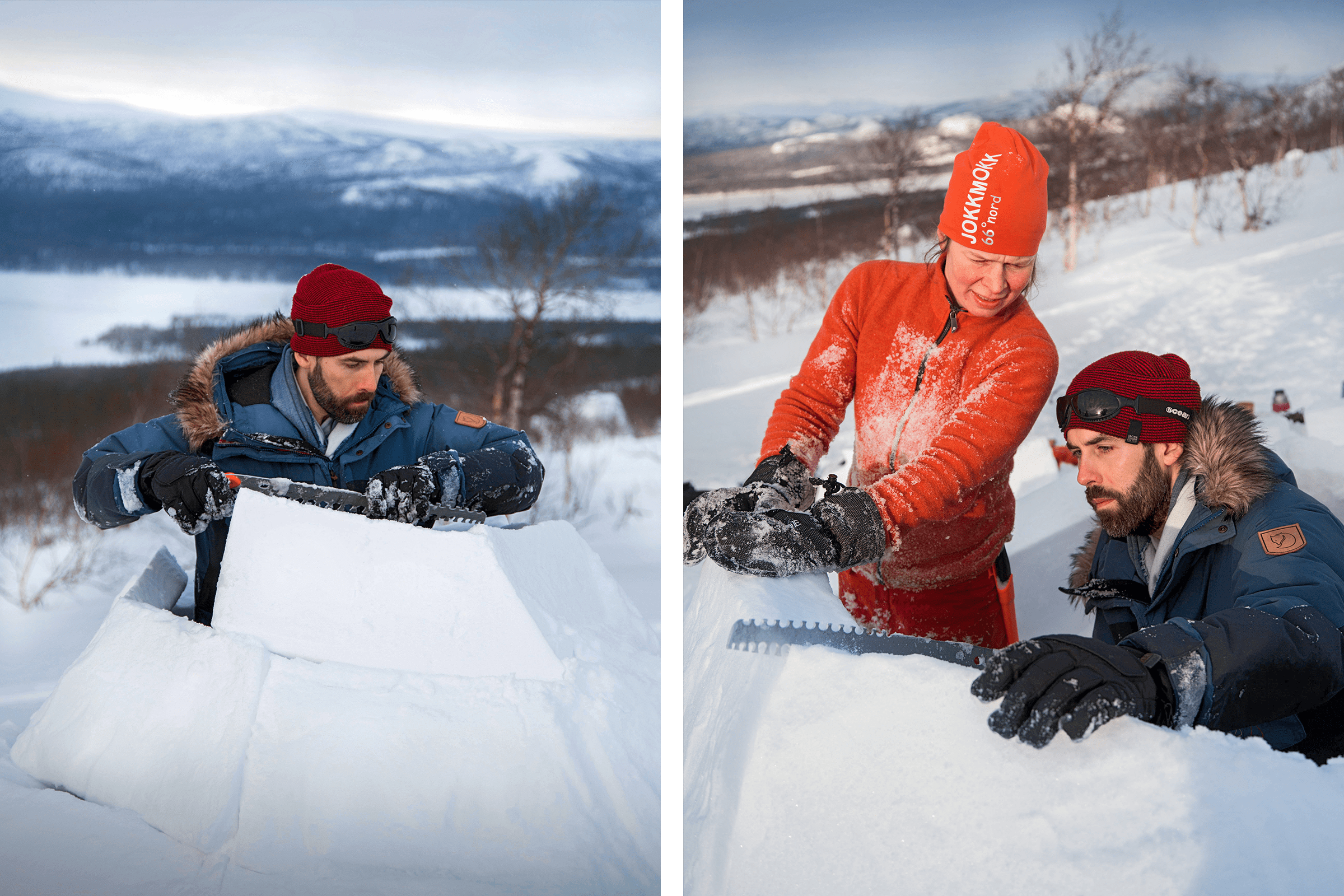 Zwei Personen bauen ein Iglu mit einer Schneesäge in einer verschneiten Landschaft.