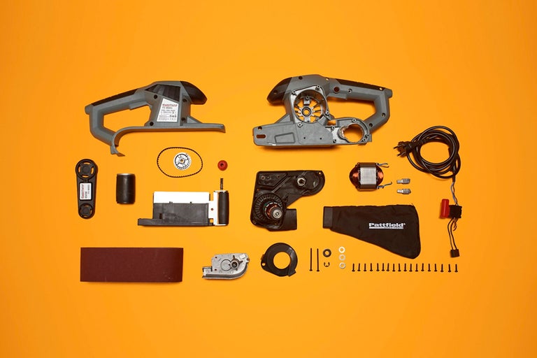 Vue éclatée d'une ponceuse à bande avec pièces de rechange