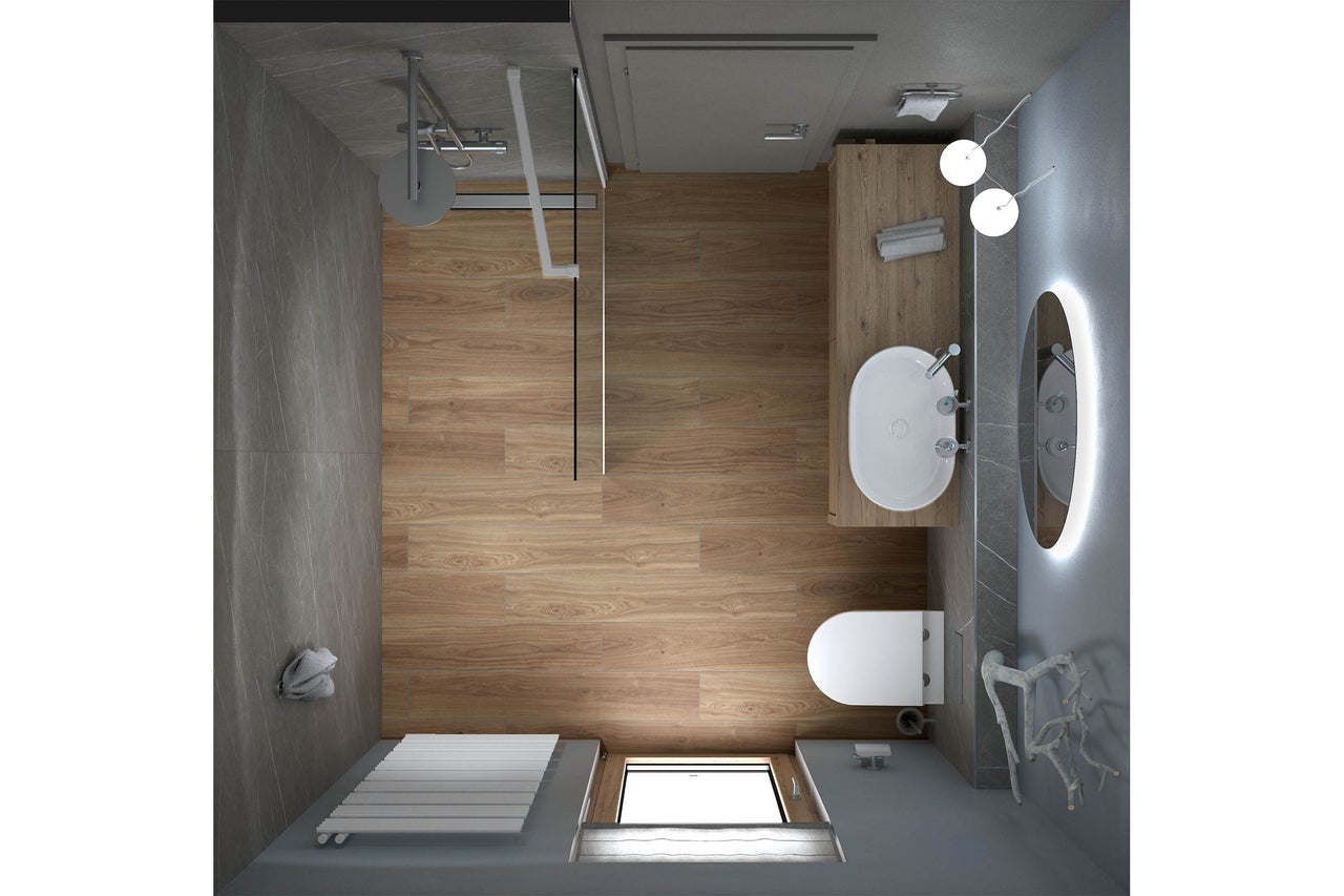 Vue de dessus d'une salle de bains avec douche à l'italienne, meuble en bois, lavabo ovale, miroir éclairé, WC suspendu et carrelage aspect bois.