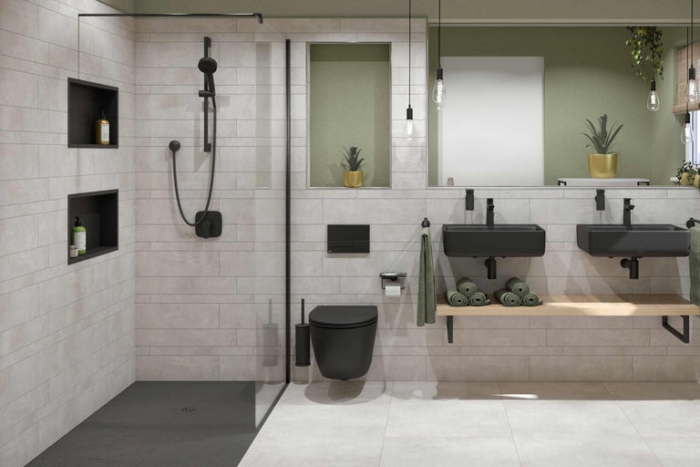 Salle de bains moderne avec douche, lavabos et toilettes
