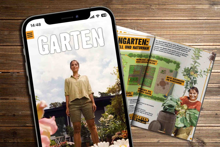 Smartphone avec l'application de jardin Hornbach et magazine de jardinage sur une table en bois