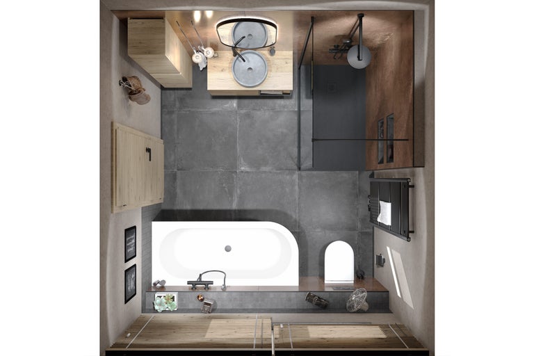 Draufsicht eines Badezimmers mit Badewanne, Dusche, Waschbecken und Toilette