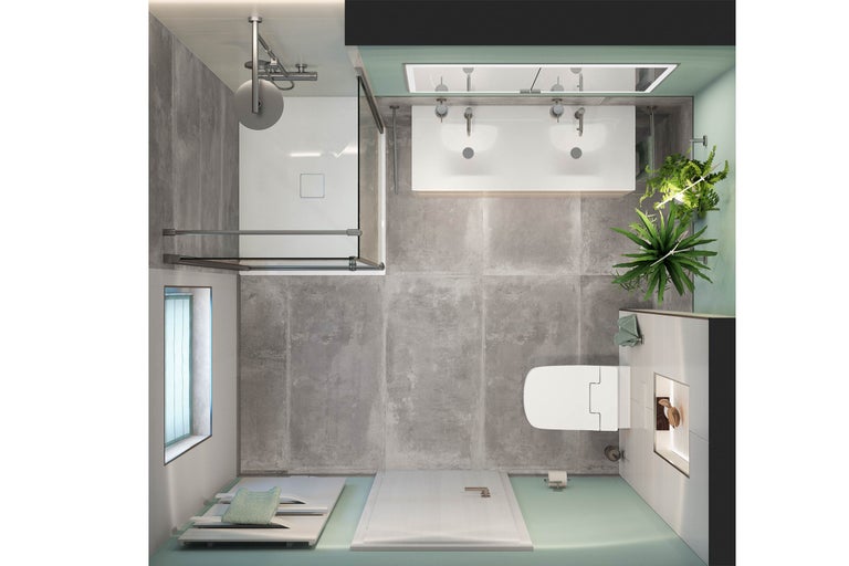 Draufsicht eines Badezimmers mit Dusche, Doppelwaschbecken und Toilette