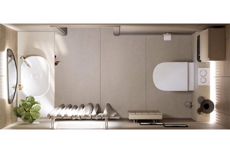 Draufsicht eines Badezimmers mit Toilette, Waschbecken und Accessoires