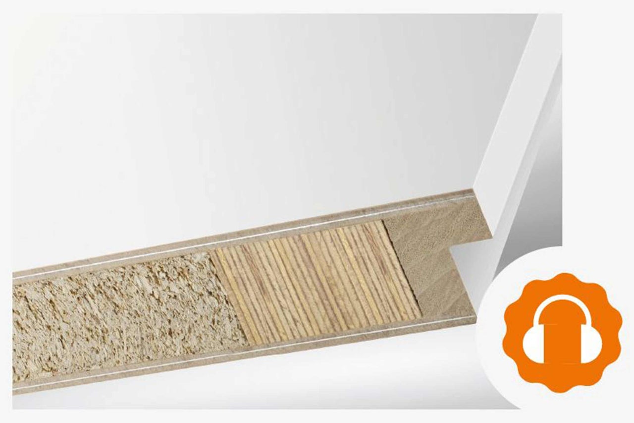 Coupe transversale d'un plan de travail avec différentes couches de bois