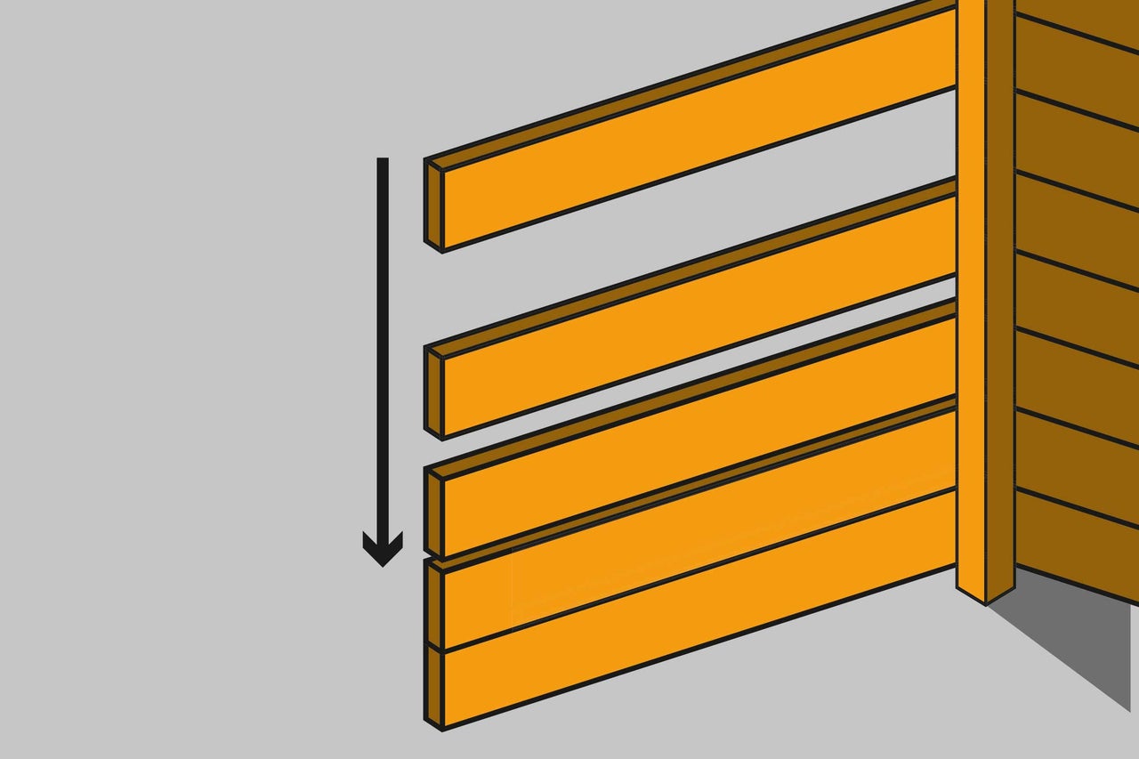 Représentation d'un montage de clôture avec des planches à rainure et languette et des instructions de montage à l'aide d'une flèche.