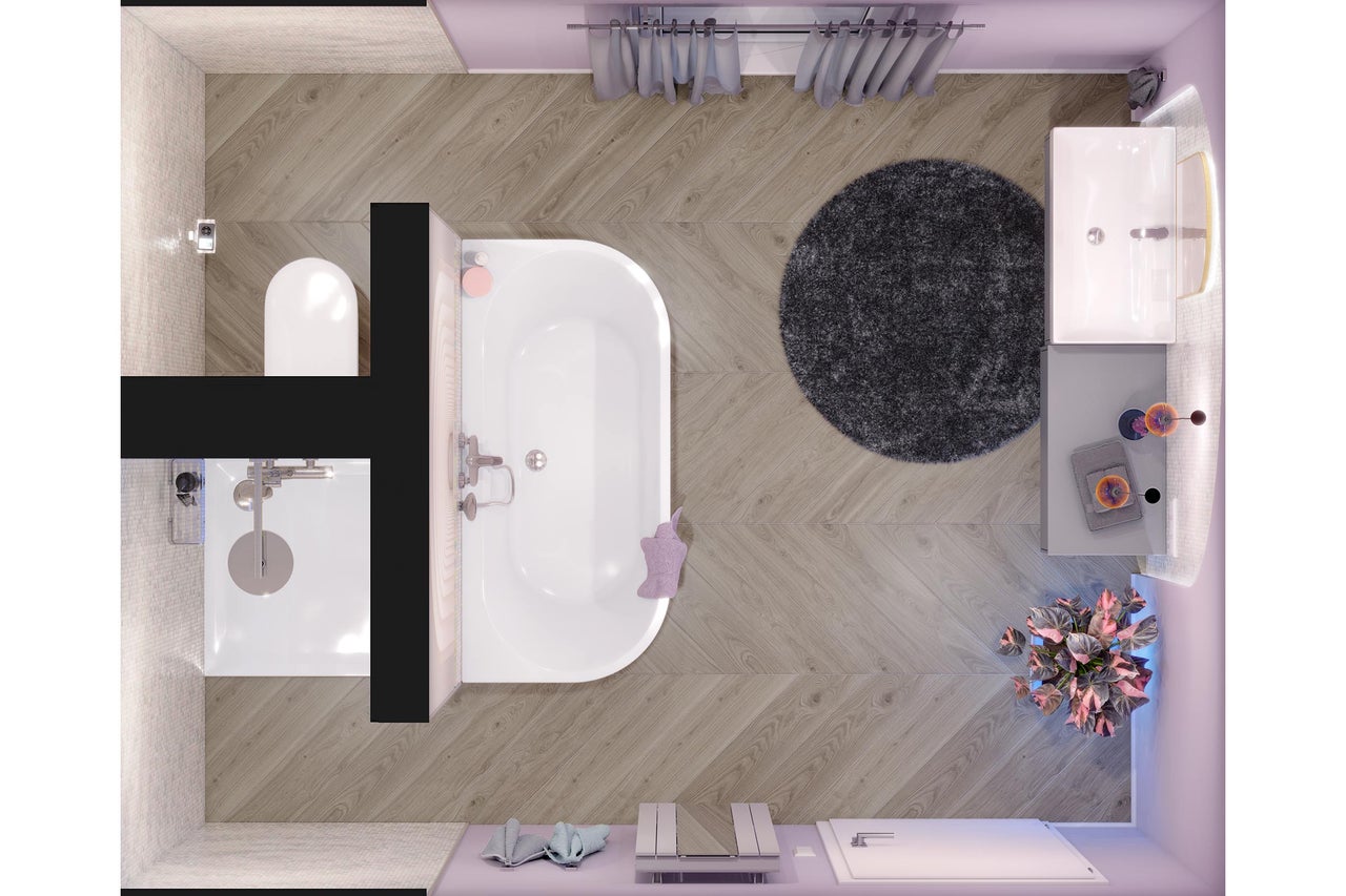Vue de dessus d une salle de bains moderne avec revêtement de sol clair à motif chevron, baignoire, douche, WC et meuble sous-vasque.