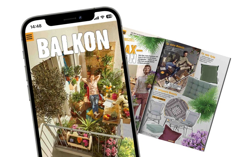 Un smartphone affiche une page du magazine Hornbach Balcon avec une femme sur un balcon planté et des suggestions de produits.