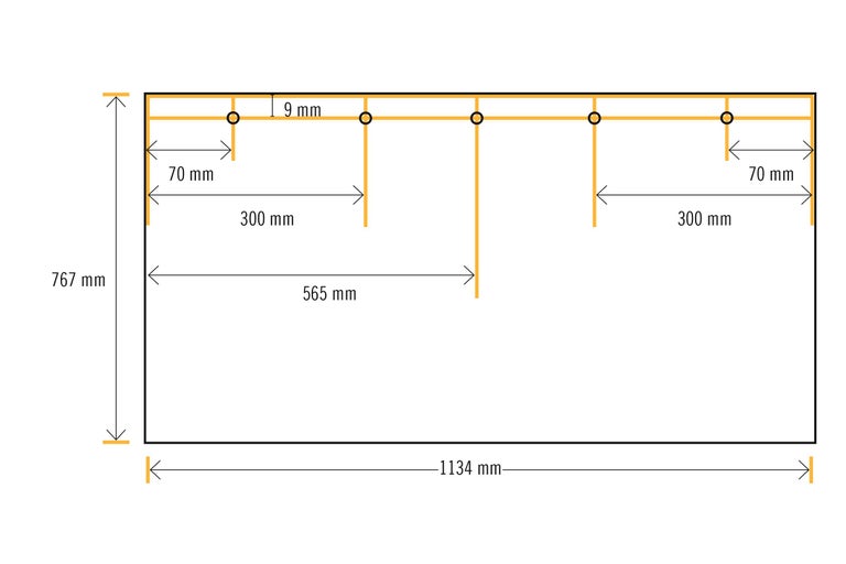 Produktmaßzeichnung mit den Maßen 1134 mm Breite und 767 mm Höhe