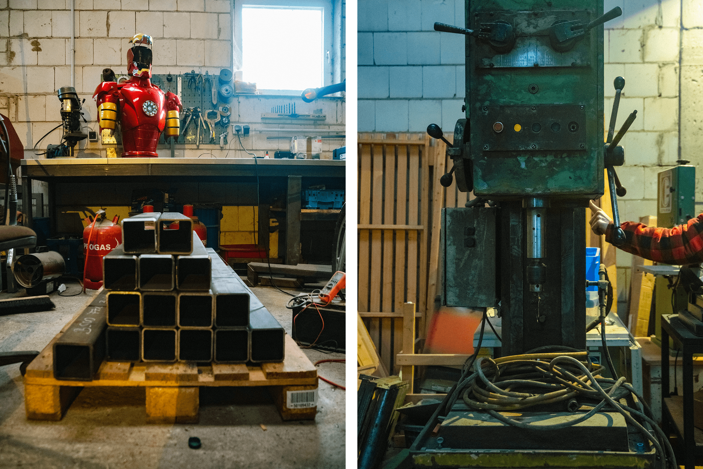 Werkstattszene mit Metallprofilen, Drehbank und Werkzeugen