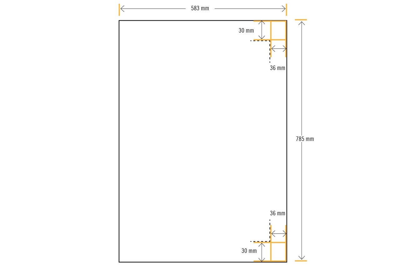 Illustration der Maße einer Arbeitsplatte: 583 Millimeter breit und 785 Millimeter hoch.