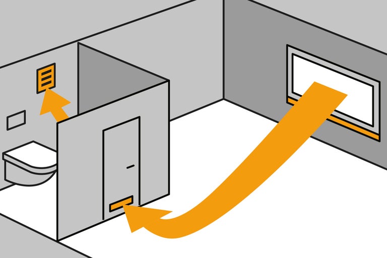 Représentation d'une salle de bains avec système de ventilation et symbole associé