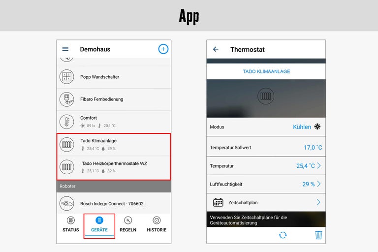 Vue de l'application d'un thermostat pour commander le climatiseur Tado