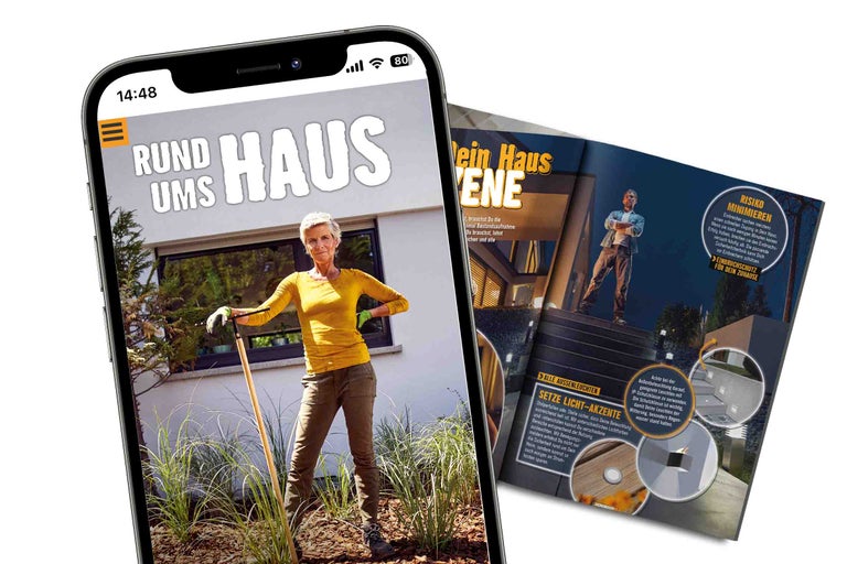 Smartphone présentant le magazine Hornbach autour de la maison sur le thème de la maison et du jardin