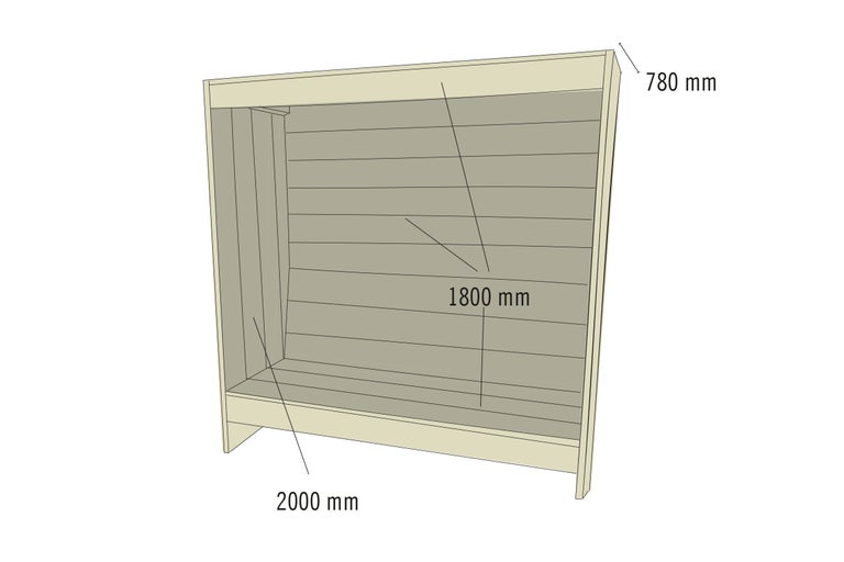 Étagère aux dimensions suivantes : 780 mm de profondeur, 1800 mm de hauteur et 2000 mm de largeur.