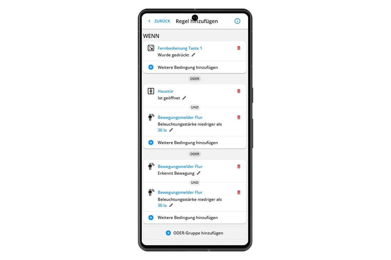 Smartphone App Oberfläche zur Konfiguration von Smart Home Automatisierungsregeln mit Bedingungen wie Fernbedienung und Bewegungsmelder.