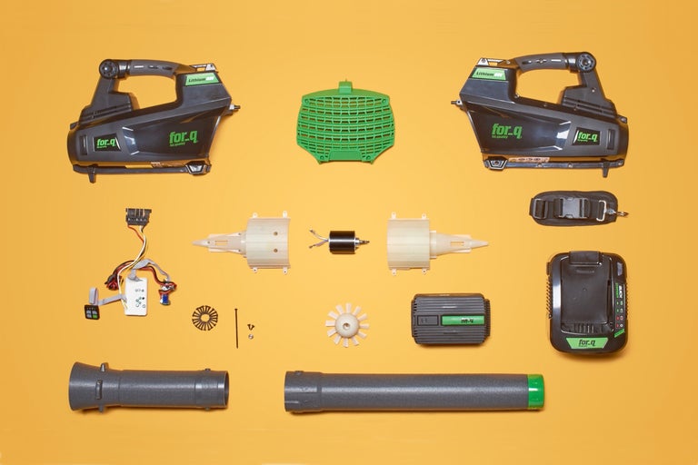 Vue éclatée d'un souffleur de feuilles à batterie for.q avec accessoires