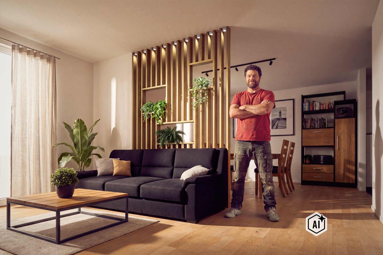 Salon avec cloison en lattes de bois moderne, canapé foncé, table basse en bois et un artisan au premier plan. L'image est signalée comme modifiée par l'IA.