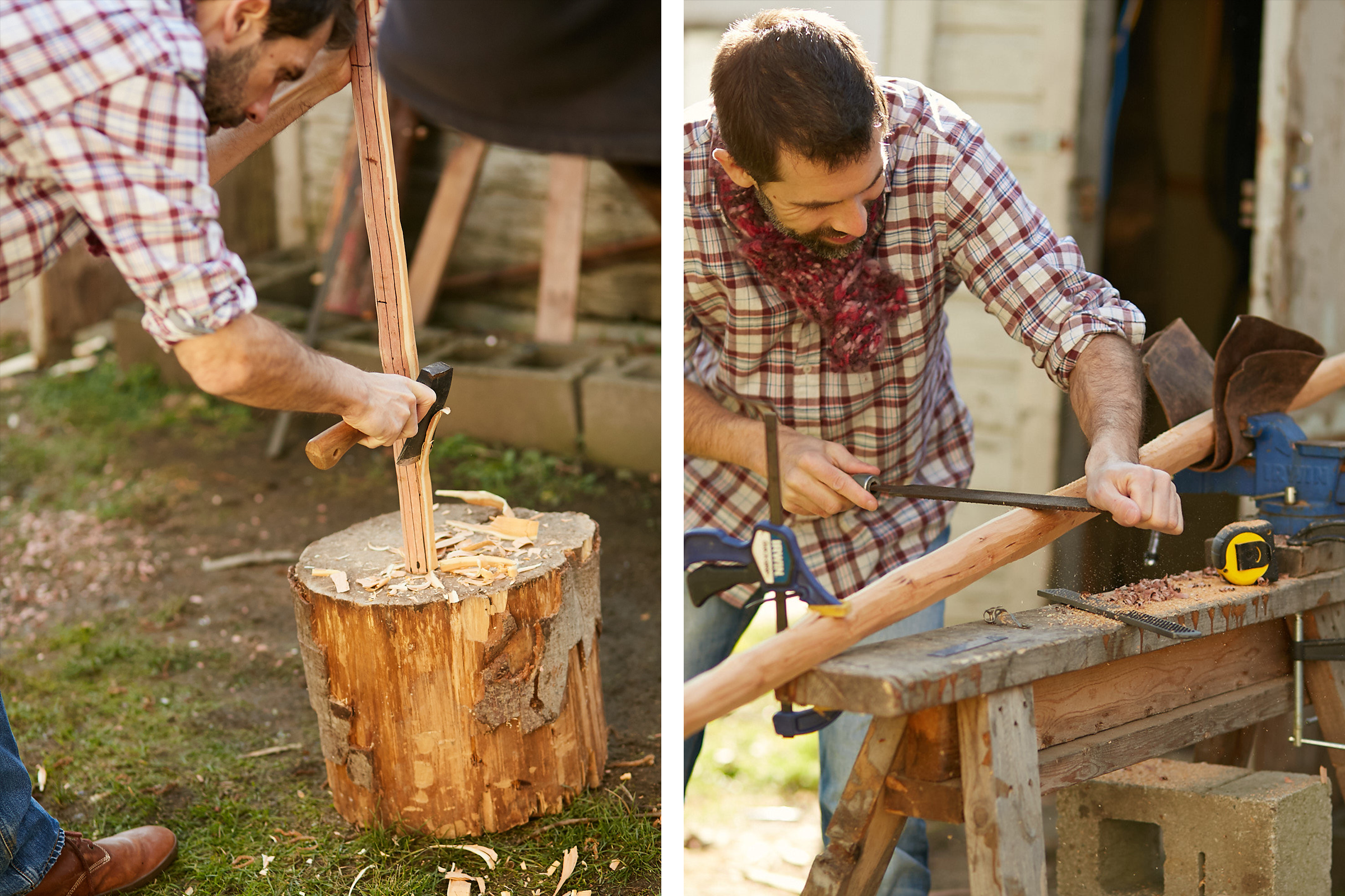 Mann bearbeitet Holz mit Axt und Feile auf einem Holzstamm und einer Werkbank