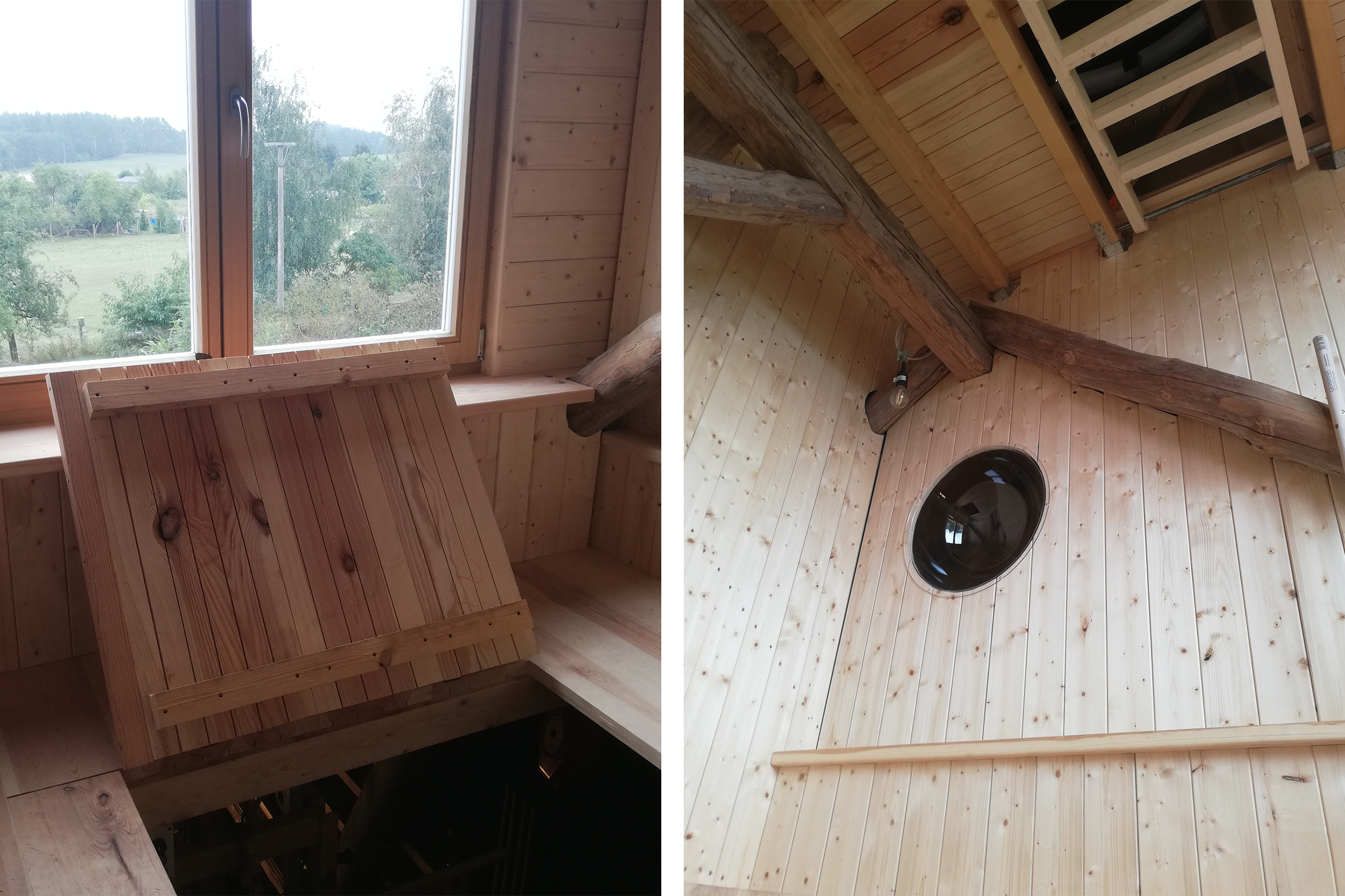 Innenansicht eines Holzhauses mit Dachfenster, runder Fensteröffnung und Dachbodentreppe
