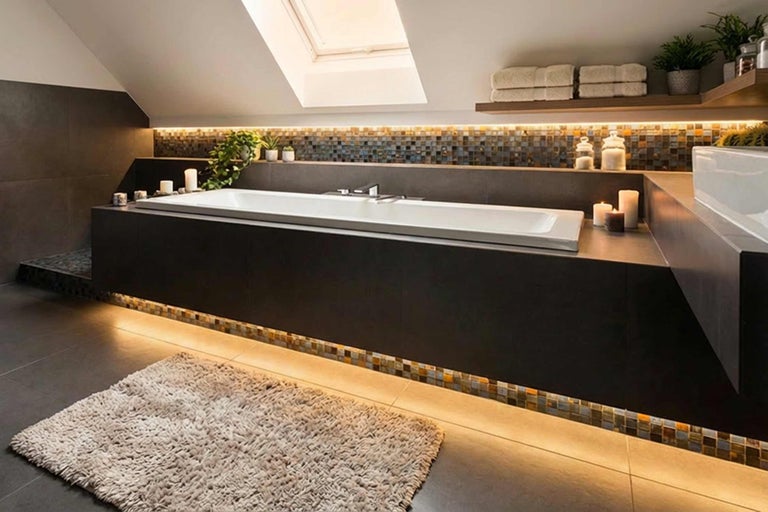 Salle de bain avec baignoire, carreaux de mosaïque et tapis